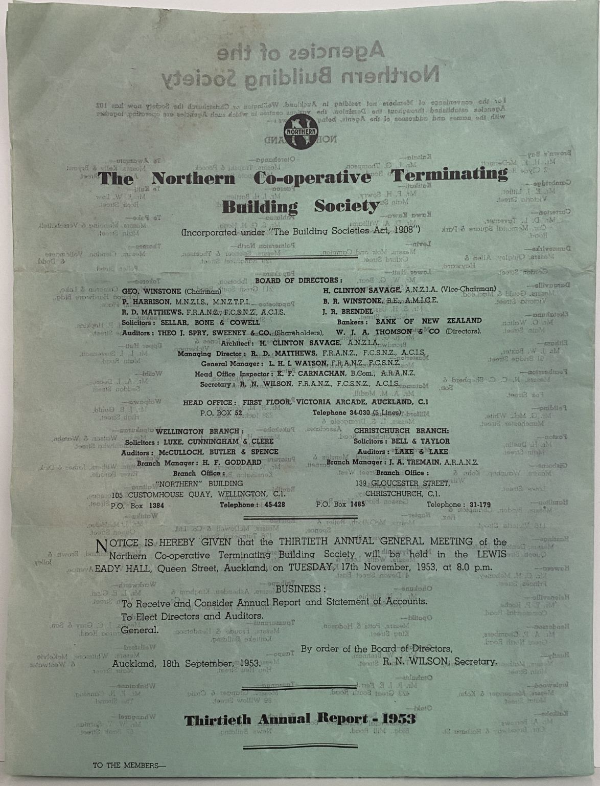 ANNUAL REPORT: The Northern Co-operative Terminating Building Society 1953