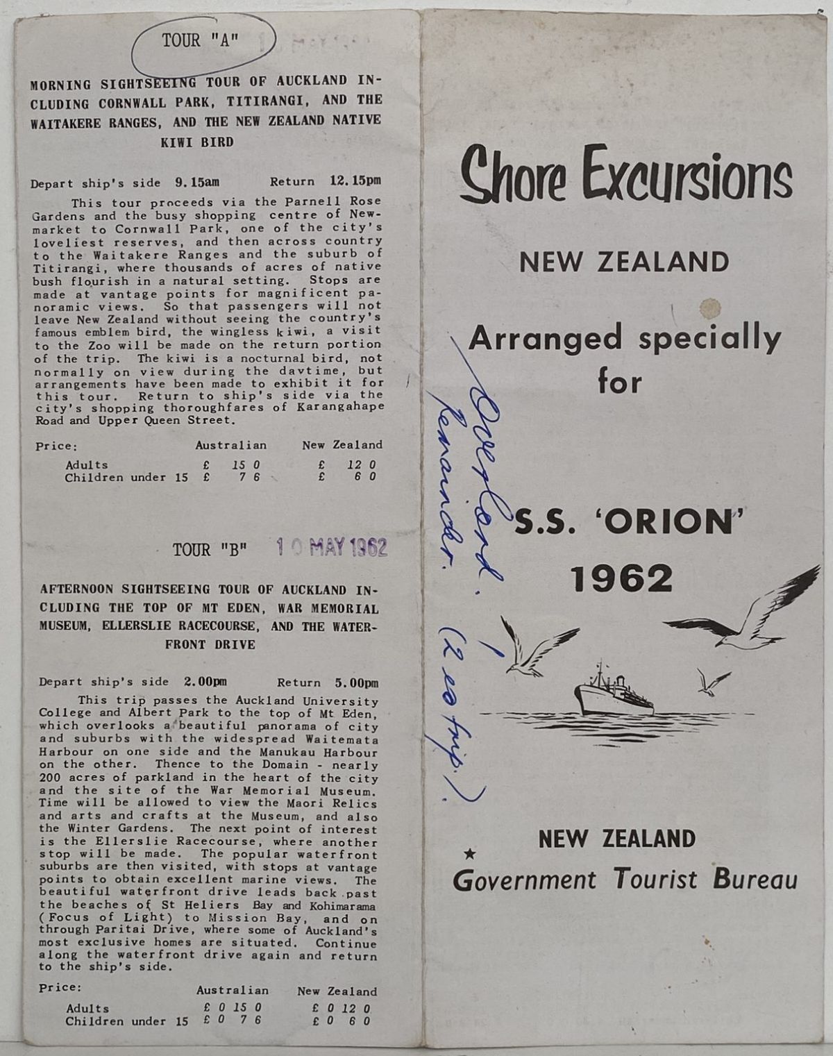 MARITIME MEMORABILIA: Shore excursions for New Zealand for S.S Orion 1962