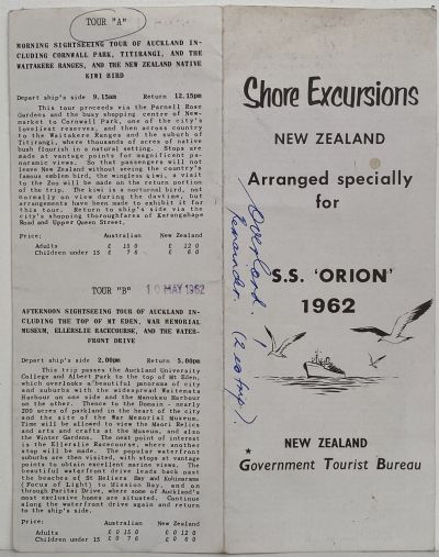 MARITIME MEMORABILIA: Shore excursions for New Zealand for S.S Orion 1962 