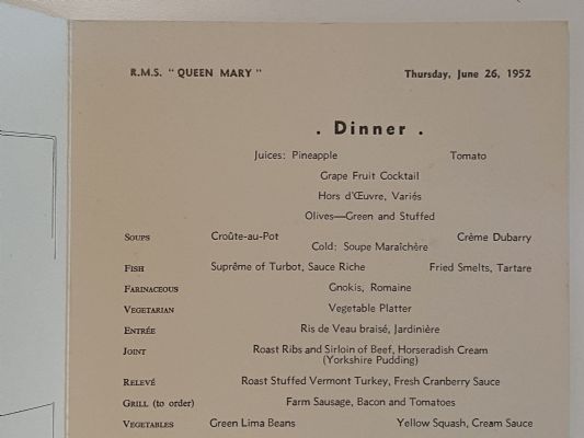 MARITIME MEMORABILIA: Cunard Line - RMS Queen Mary - Dinner Menu 26 June 1952