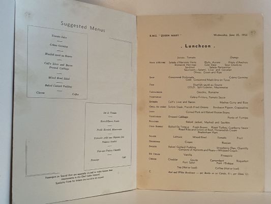 MARITIME MEMORABILIA: Cunard Line - RMS Queen Mary - Luncheon Menu 25 June 1952
