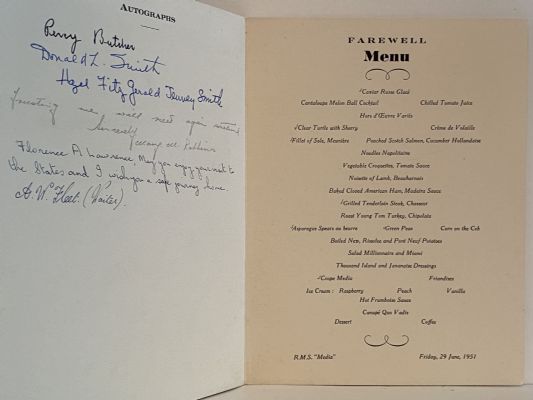 MARITIME MEMORABILIA: Cunard Line - RMS Media - Farewell Menu 29 June 1951