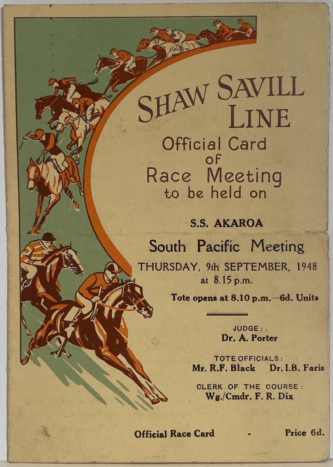 MARITIME MEMORABILIA: Shaw Savill Line - SS Akaroa - Race Meeting Card