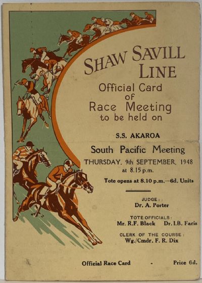 MARITIME MEMORABILIA: Shaw Savill Line - SS Akaroa - Race Meeting Card 