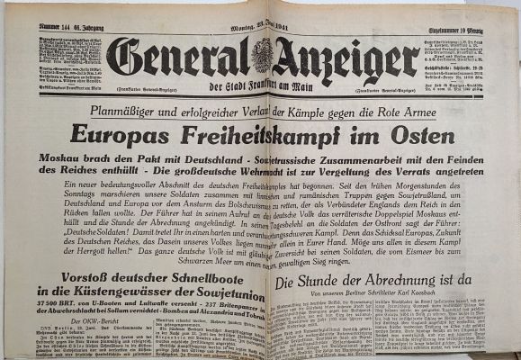 OLD WARTIME NEWSPAPER: General Anzeiger, Monday 23rd June 1941