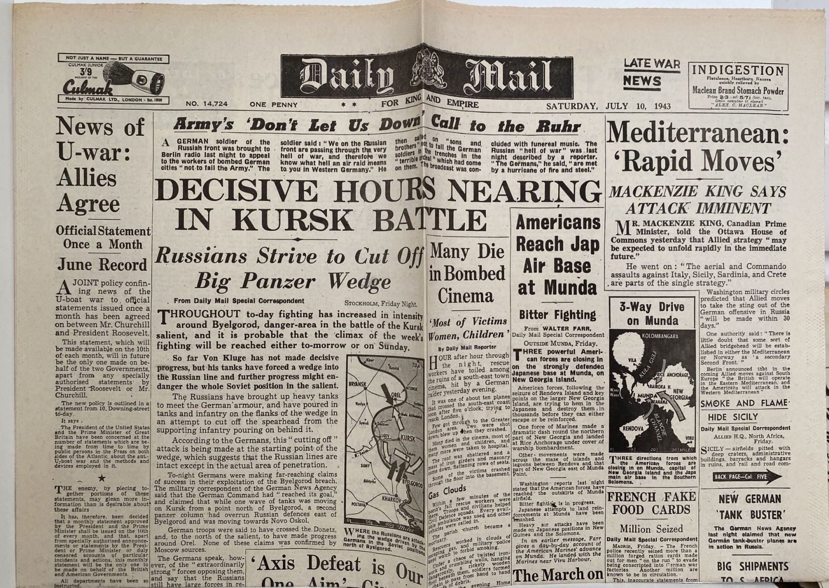 OLD WARTIME NEWSPAPER: Daily Mail, Saturday 10th July 1943