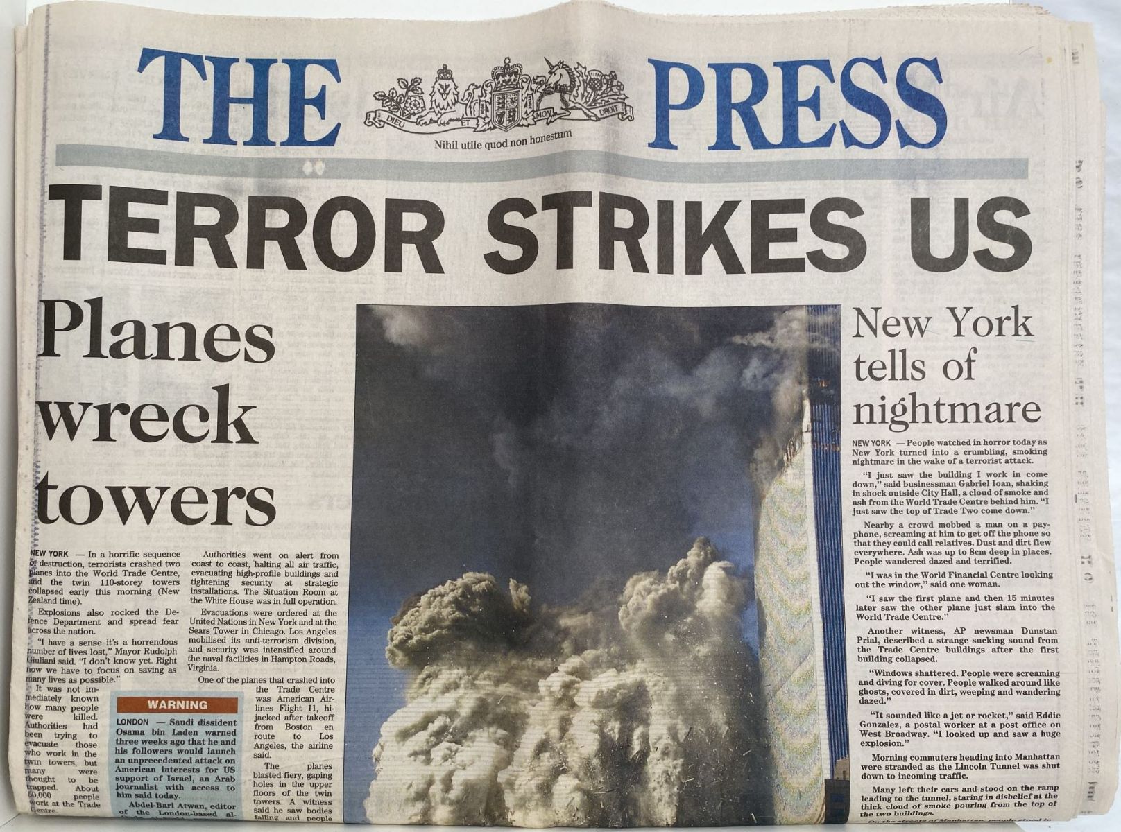 OLD NEWSPAPER: The Press, Christchurch 12 September 2001, 9/11 Terror Strikes US