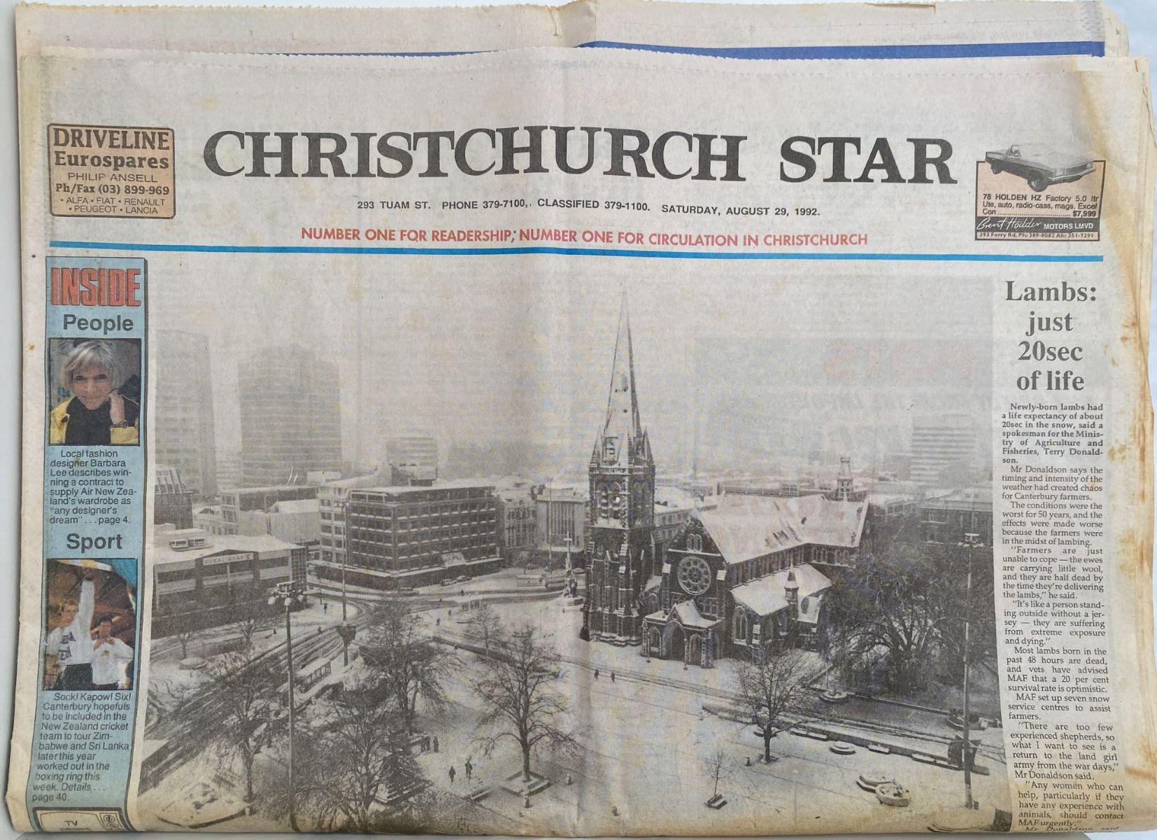 OLD NEWSPAPER: Christchurch Star, 29 August 2011 - Christchurch big snow 1992