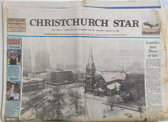 OLD NEWSPAPER: Christchurch Star, 29 August 2011 - Christchurch big snow 1992