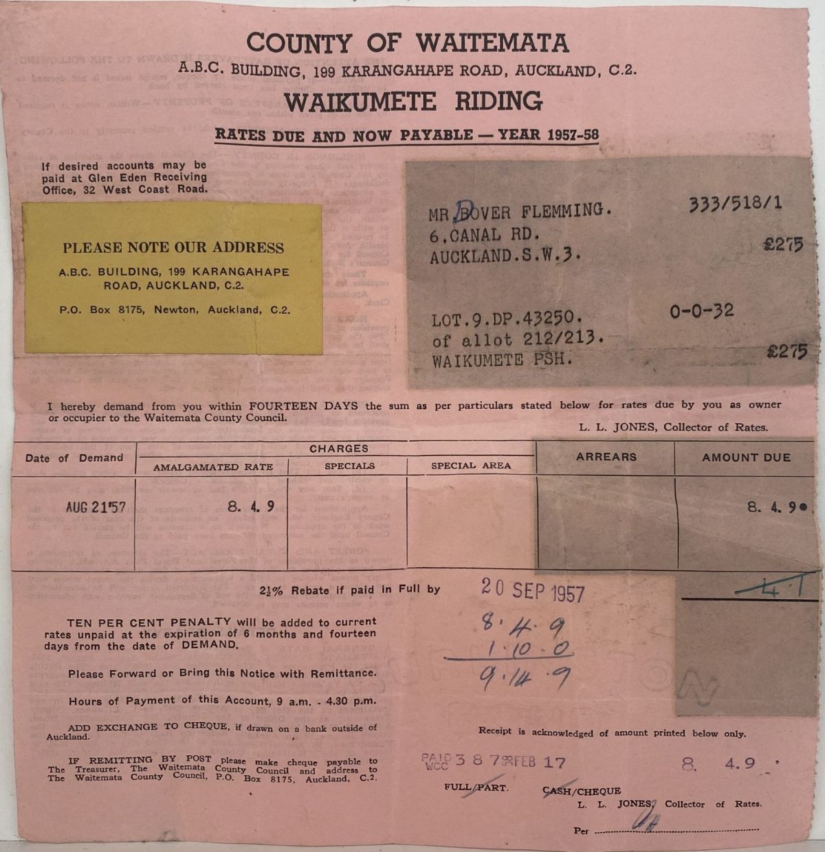 OLD INVOICE / RECEIPT: Rates - from County of Waitemata / Waikumete Riding 1957
