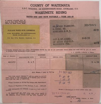 OLD INVOICE / RECEIPT: Rates - from County of Waitemata / Waikumete Riding 1957 