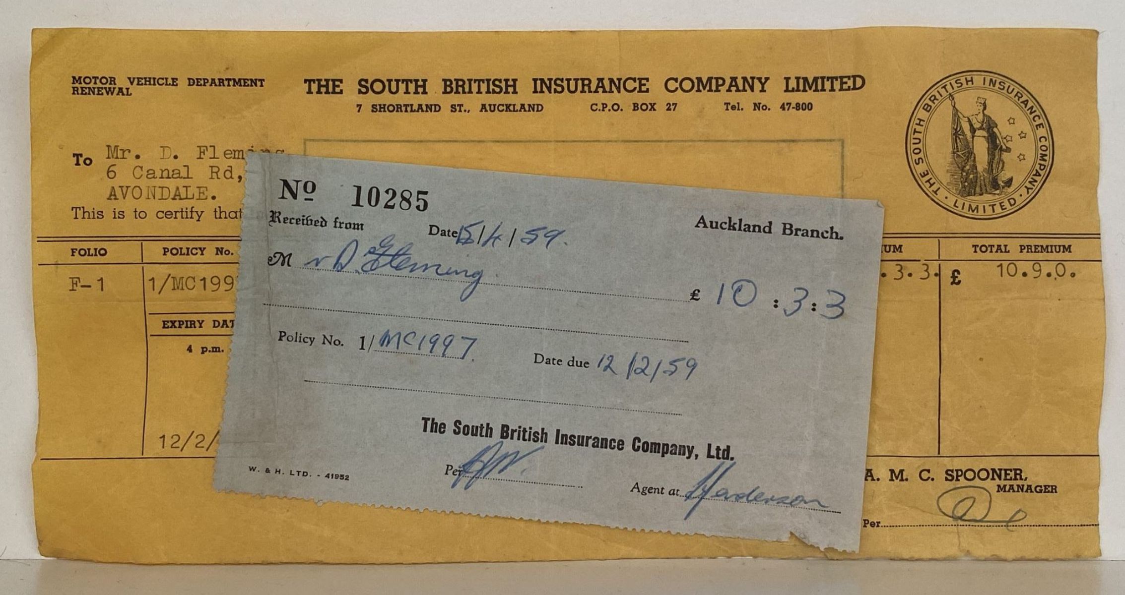 OLD INVOICE / RECEIPT: from The South British Insurance Company, Auckland 1959