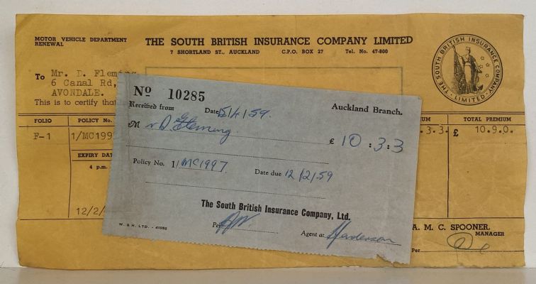 OLD INVOICE / RECEIPT: from The South British Insurance Company, Auckland 1959 