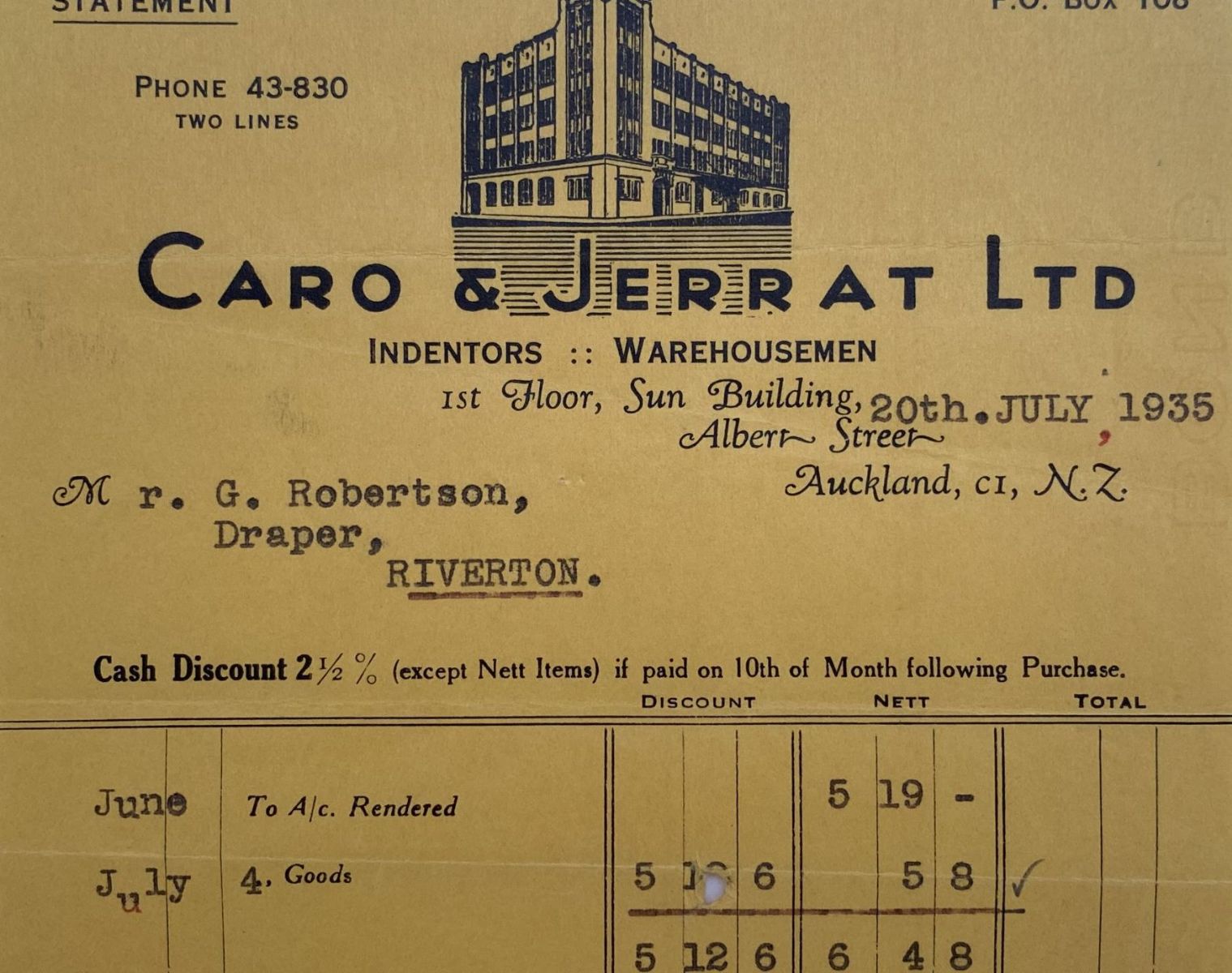 OLD INVOICE / RECEIPT: from Caro & Jerrat Ltd - Warehousemen, Auckland 1935