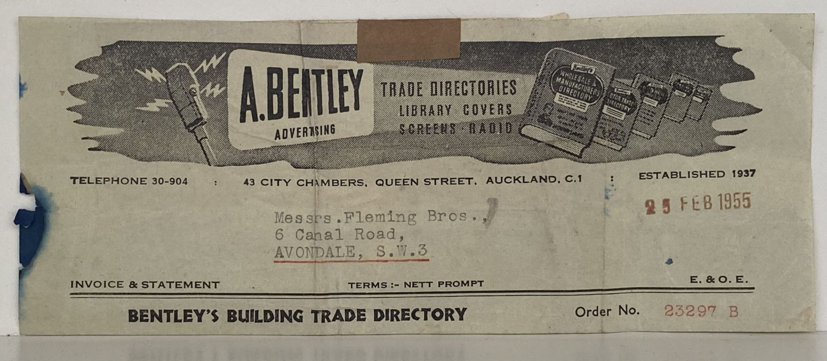 OLD INVOICE / RECEIPT: from A. Bentley Trade Directories 1955