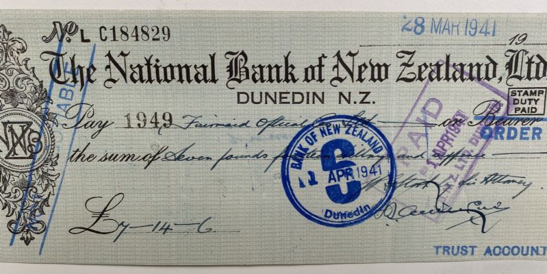 OLD BANKING MEMORABILIA: National Bank of New Zealand cheque 1941