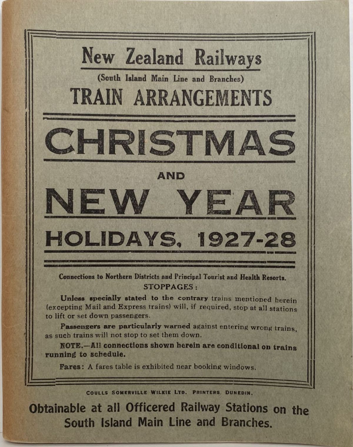 NZ RAILWAYS TRAIN ARRANGEMENTS: South Island Main Line and Branches 1927-1928