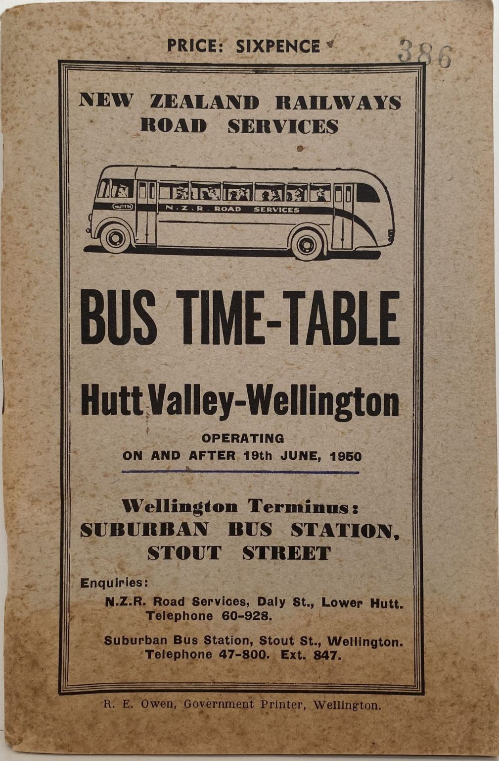 NZ RAILWAYS ROAD SERVICES BUS TIME TABLE for Hutt Valley - Wellington 1950