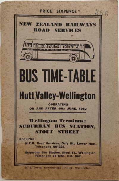 NZ RAILWAYS ROAD SERVICES BUS TIME TABLE for Hutt Valley - Wellington 1950 