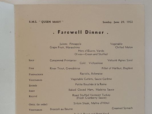 MARITIME MEMORABILIA: Cunard Line - RMS Queen Mary - Farewell Dinner 29 June 1952