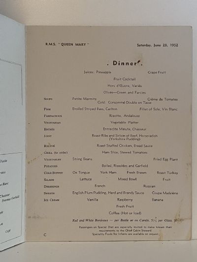 MARITIME MEMORABILIA: Cunard Line - RMS Queen Mary - Dinner Menu 28 June 1952