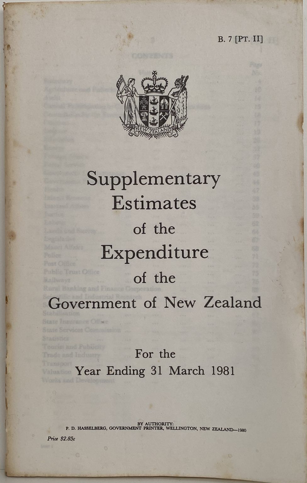 SUPPLEMENTARY ESTIMATES of the EXPENDITURE of the GOVERMENT of NZ 1981