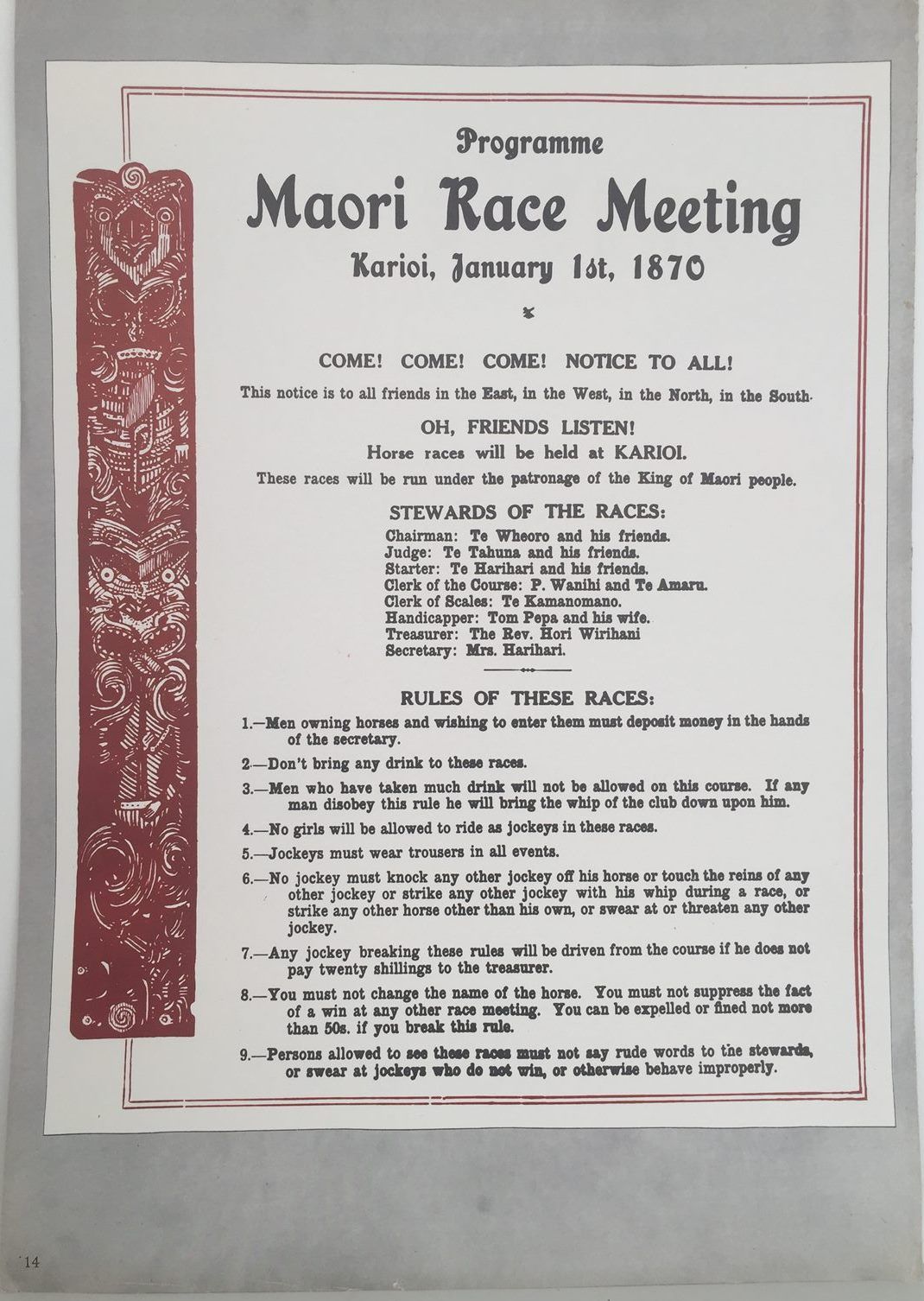 VINTAGE POSTER: Maori Race Meeting 1870
