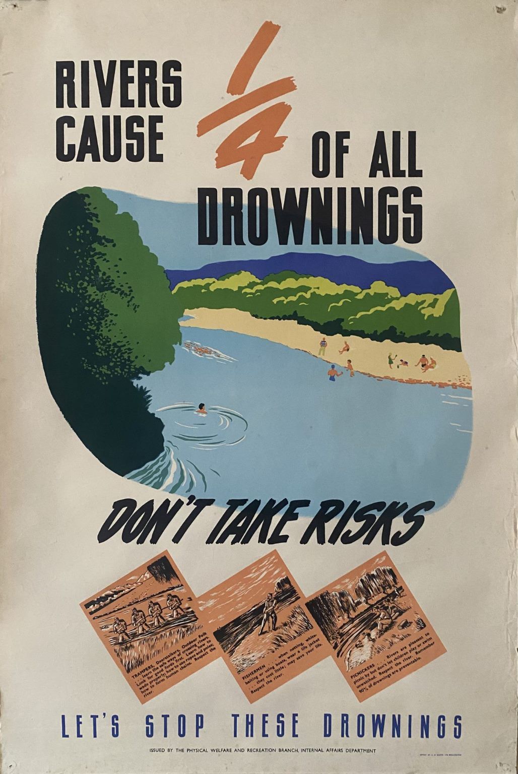 VINTAGE POSTER: Water Safety Around Rivers / Drowning Prevention 1950s