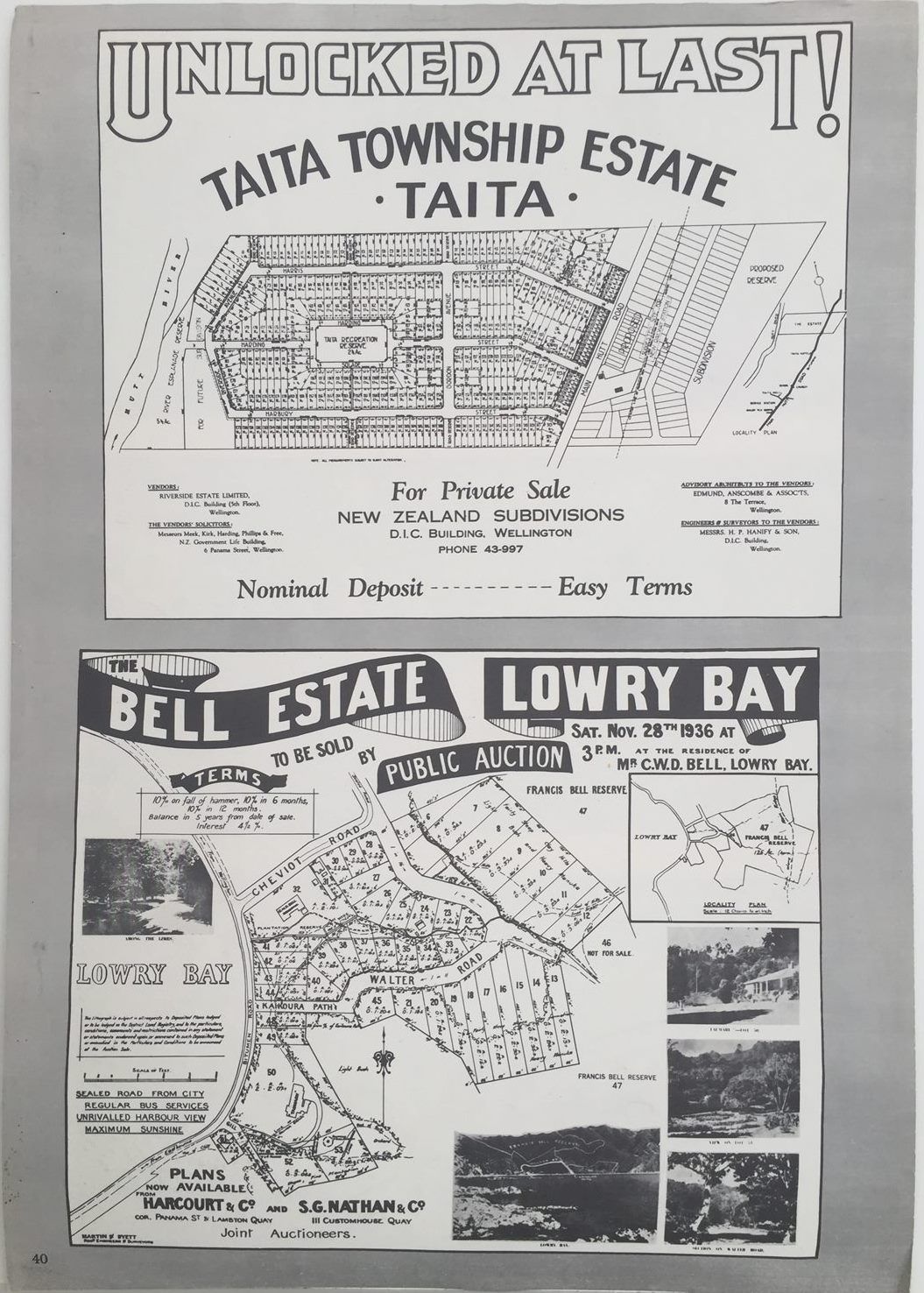VINTAGE POSTER: Taita and Lowry Bay Subdivisions / Sections, Wellington 1930s