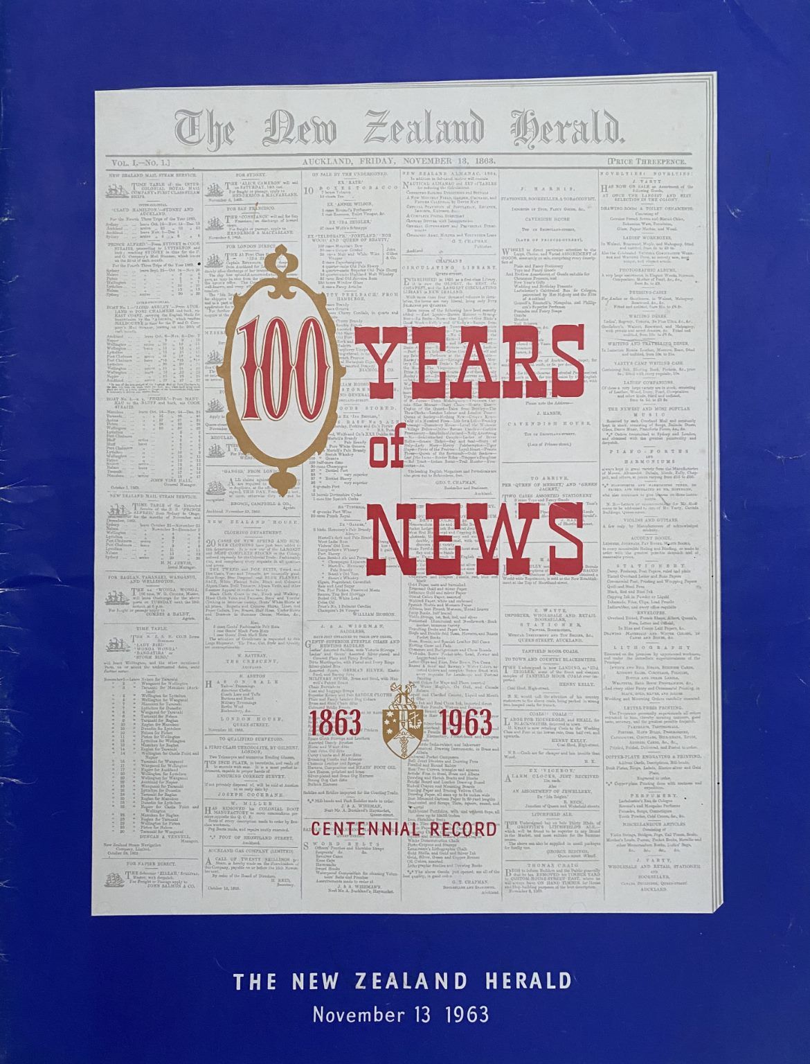 OLD NEWSPAPER: New Zealand Herald 100 Years of News 1863-1963, Centennial Record