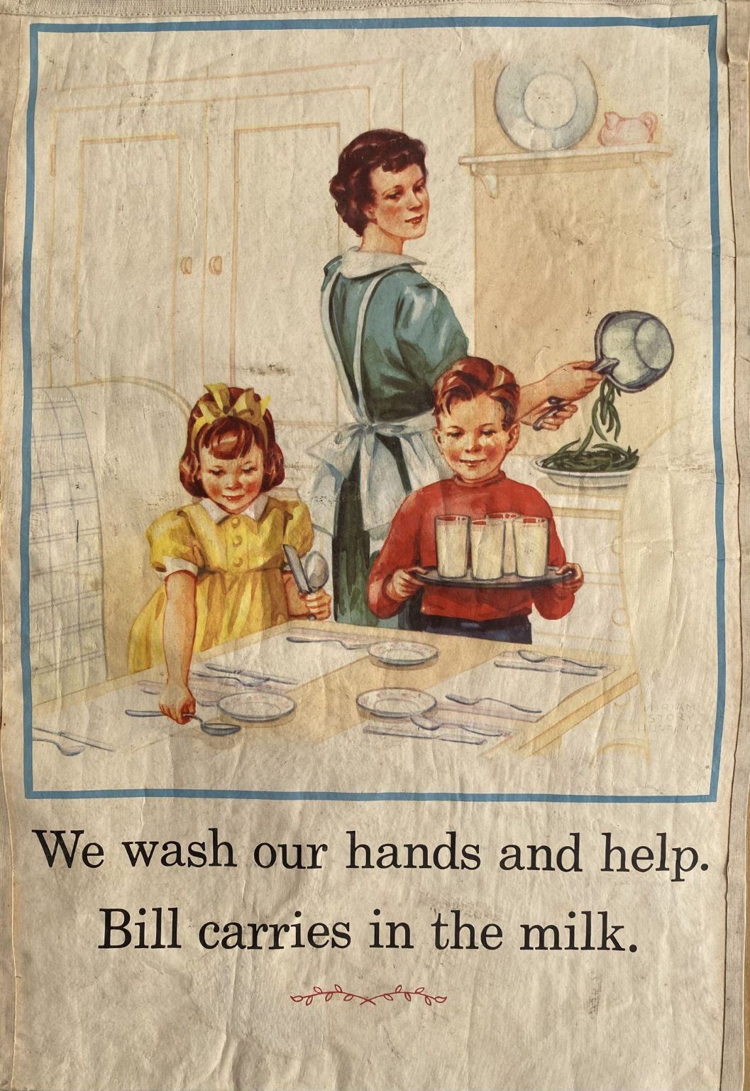 VINTAGE POSTER: We wash our hands and help - Bill carries in the milk