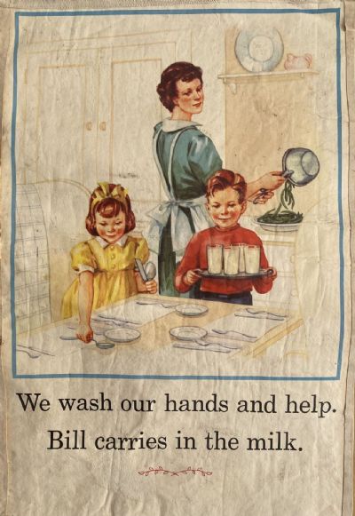 VINTAGE POSTER: We wash our hands and help - Bill carries in the milk 