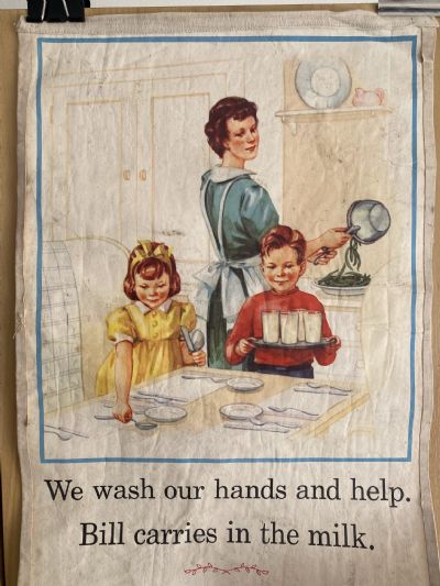 VINTAGE POSTER: We wash our hands and help - Bill carries in the milk
