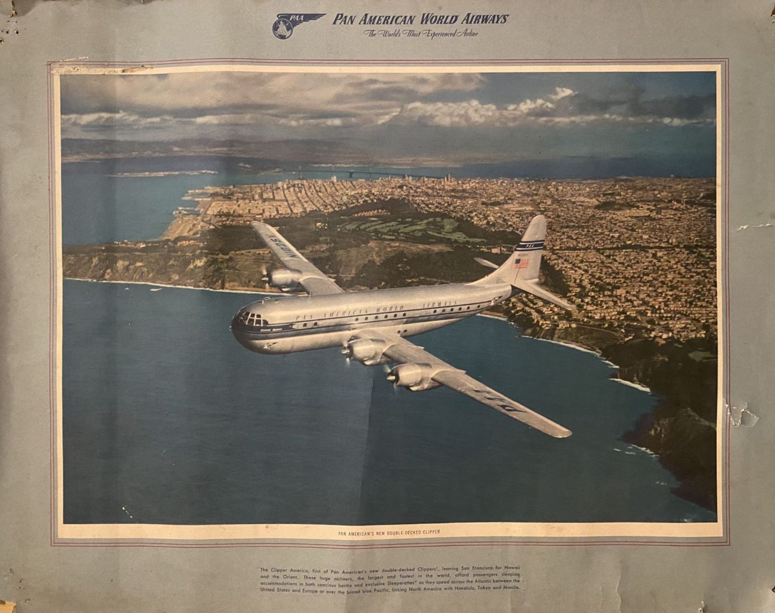 VINTAGE POSTER: Pan American World Airways - Boeing 377 Stratocruiser 1949
