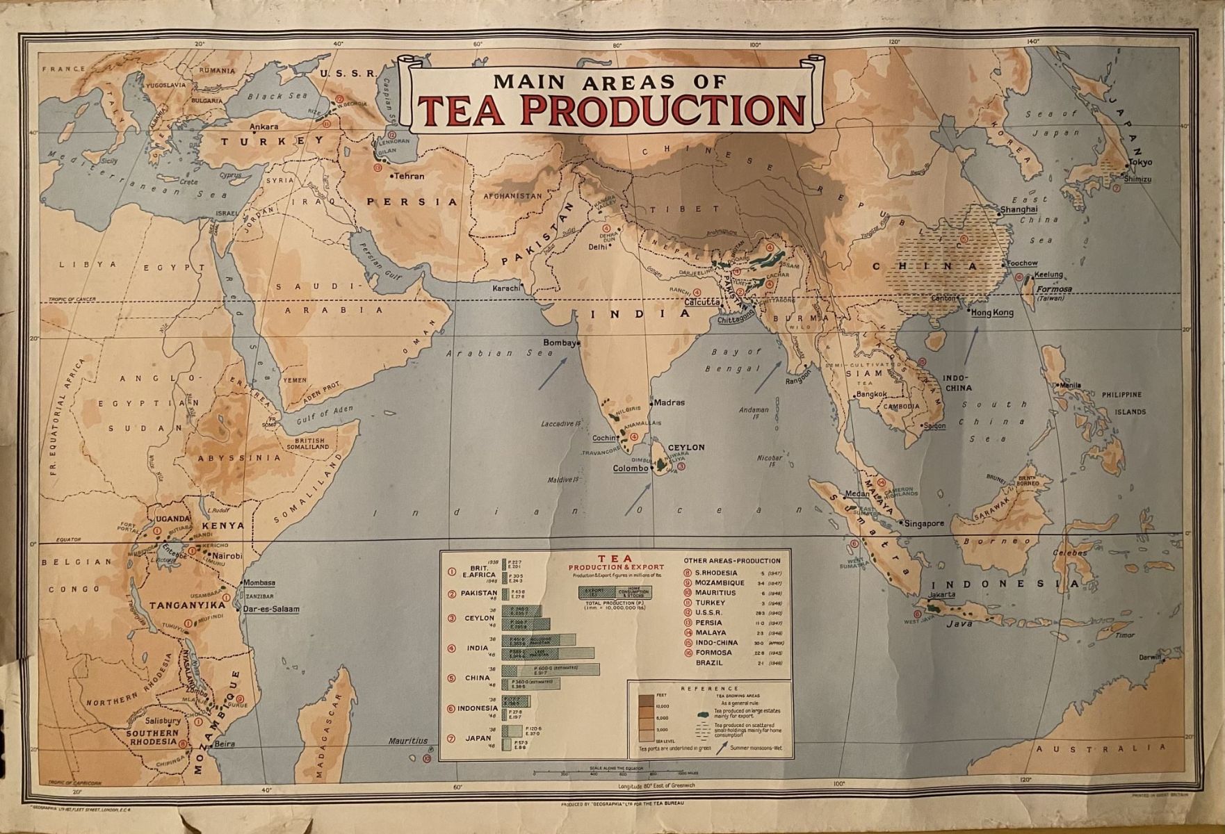 VINTAGE POSTER: Main Areas of Tea Production