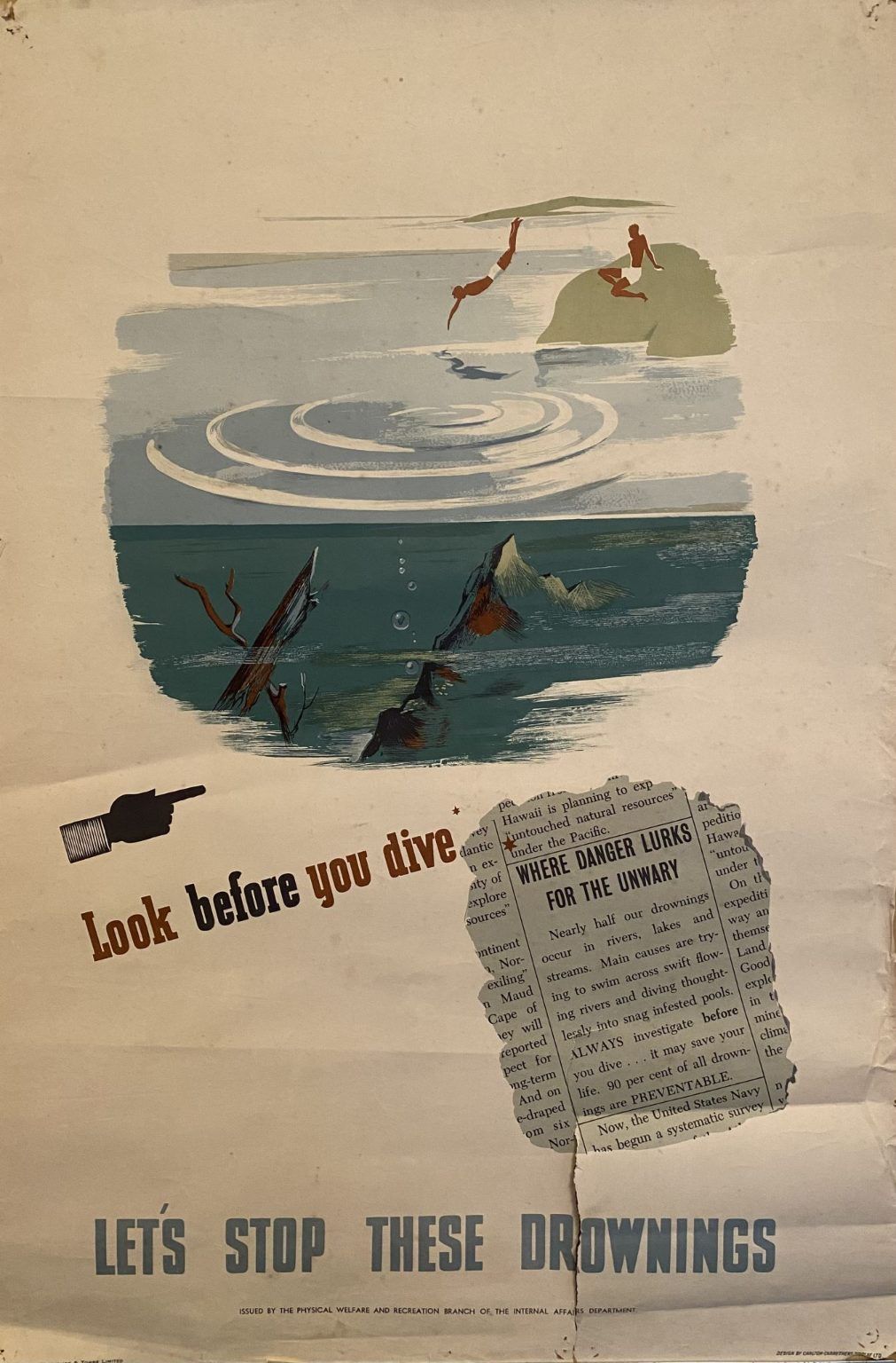 VINTAGE POSTER: Look before you dive - let's stop these drownings