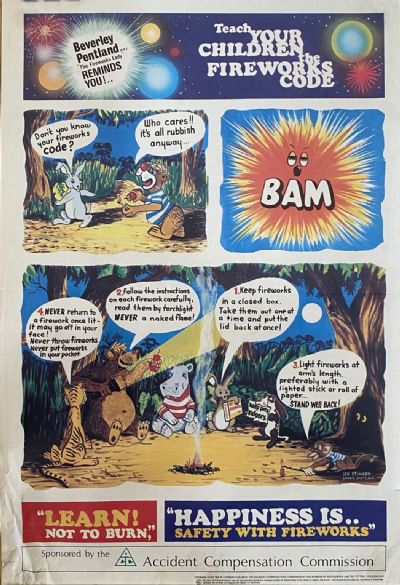 VINTAGE POSTER: Safety with Fireworks - Accident Compensation Commission 