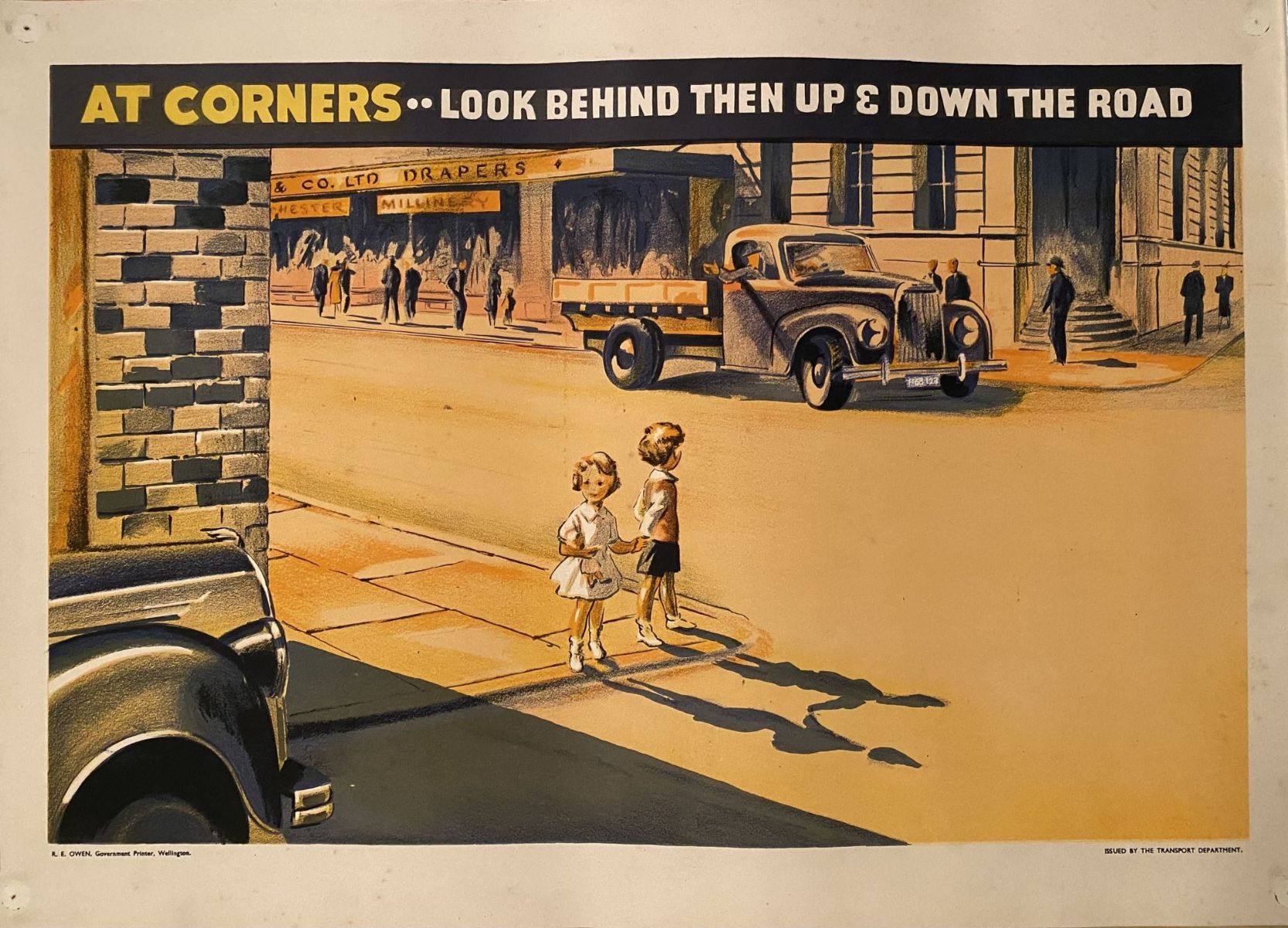 VINTAGE POSTER: Children's Road Safety - At Corners...Look Behind..