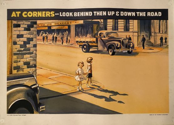 VINTAGE POSTER: Children's Road Safety - At Corners...Look Behind.. 