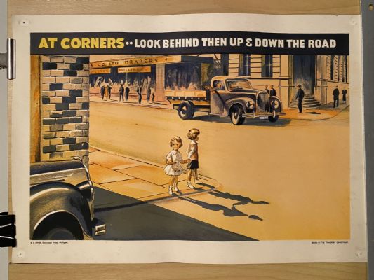VINTAGE POSTER: Children's Road Safety - At Corners...Look Behind..