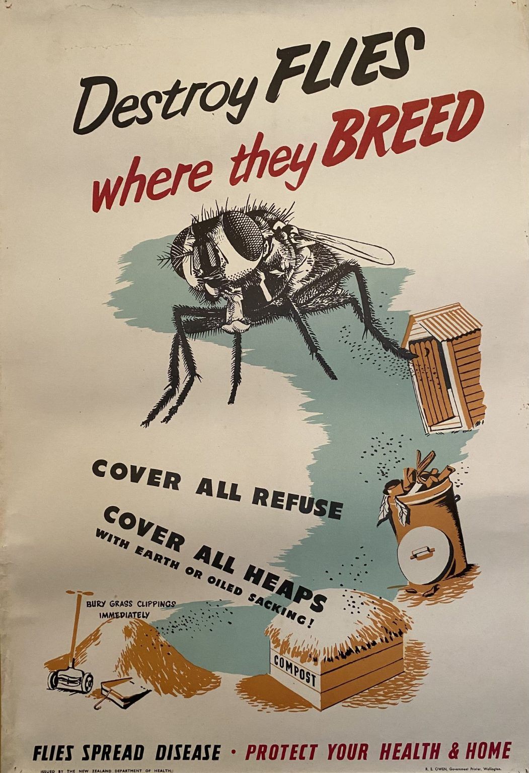 VINTAGE POSTER: New Zealand Department of Health / Flies Spread Disease