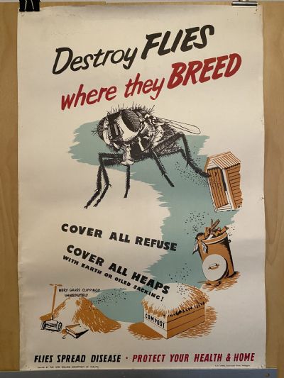 VINTAGE POSTER: New Zealand Department of Health / Flies Spread Disease