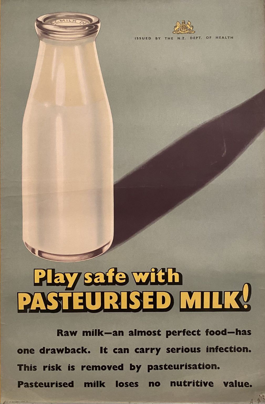 VINTAGE POSTER: New Zealand Department of Health / Pasteurised Milk