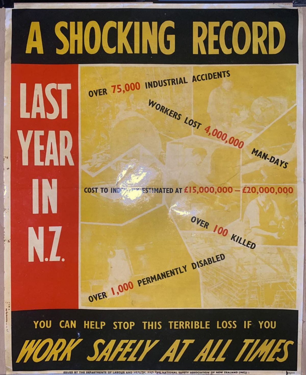 VINTAGE POSTER: New Zealand Departments of Labour and Health - Work Safety