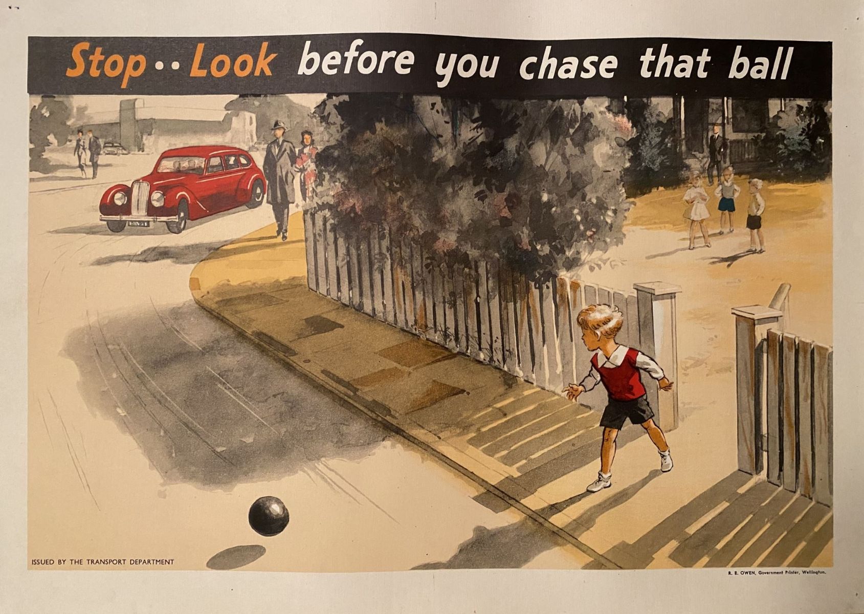 VINTAGE POSTER: Road Safety / Stop...Look - before you chase that ball 1950s
