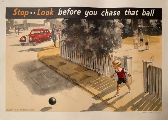 VINTAGE POSTER: Road Safety / Stop...Look - before you chase that ball 1950s 