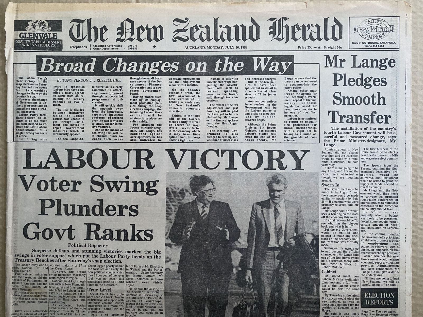 OLD NEWSPAPER: The New Zealand Herald, 16 July 1984 - Labour election victory