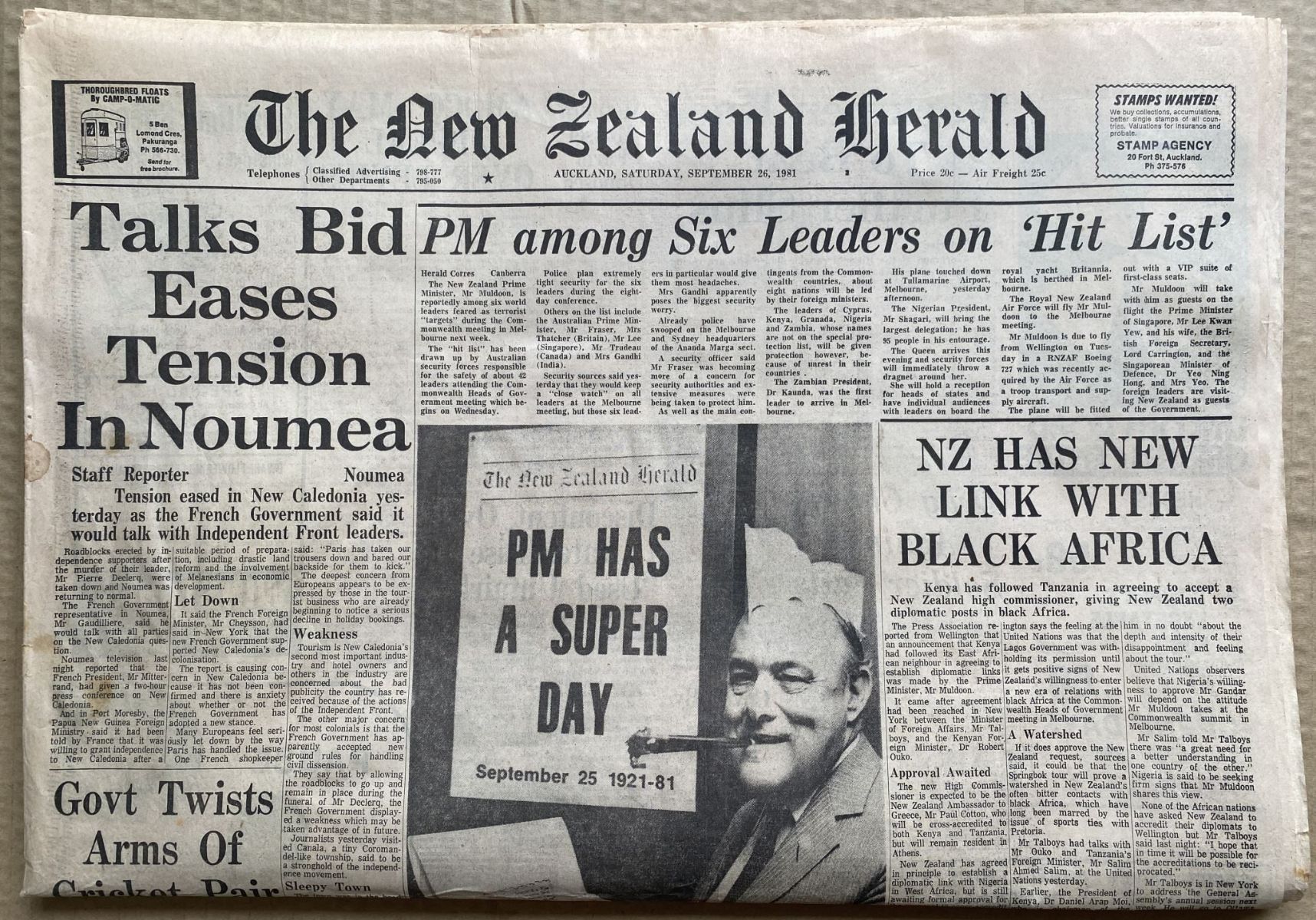 OLD NEWSPAPER: The New Zealand Herald, 26 September 1981 - Muldoon on hit list