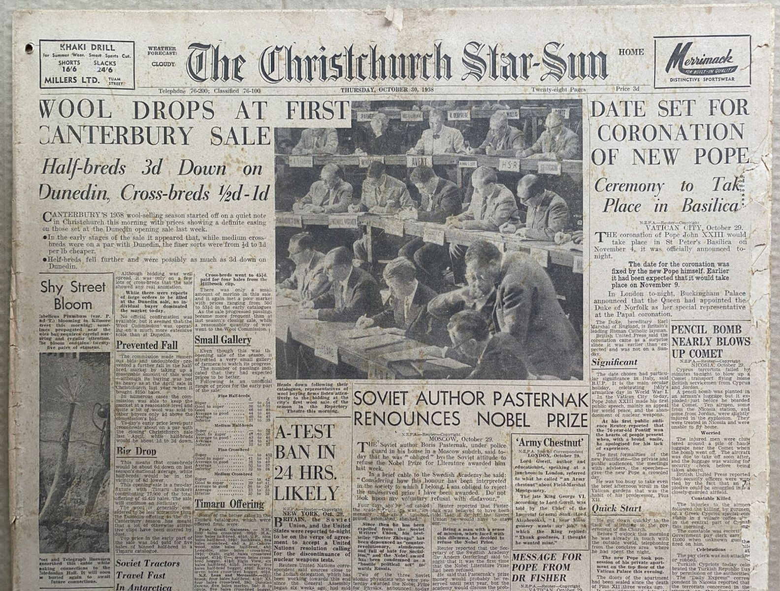 OLD NEWSPAPER: The Christchurch Star-Sun, 30 October 1958 - Wool prices drop