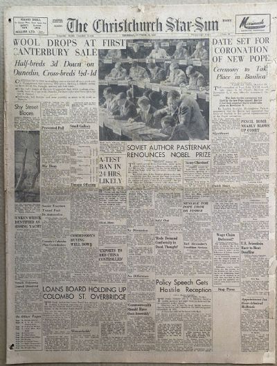 OLD NEWSPAPER: The Christchurch Star-Sun, 30 October 1958 - Wool prices drop